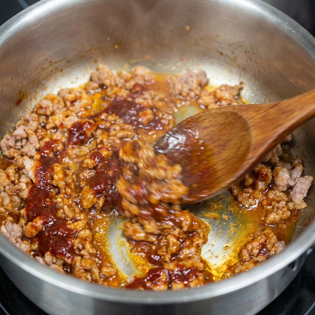 백종원 장칼국수 비법: 식용유에 돼지고기, 고추장, 된장 볶아 고추기름 내기