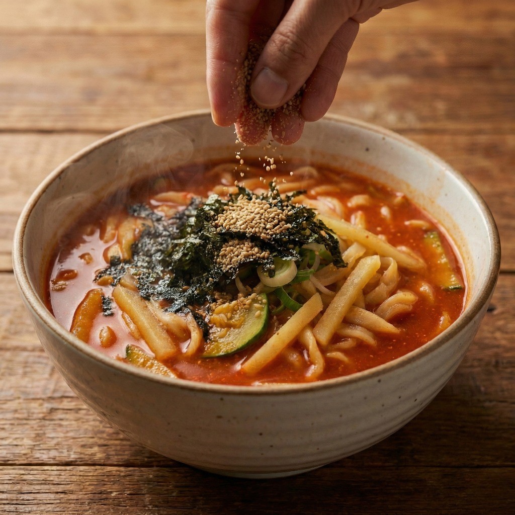 집에서 즐기는 강원도 별미, 깨소금과 김가루를 듬뿍 올린 장칼국수 완성