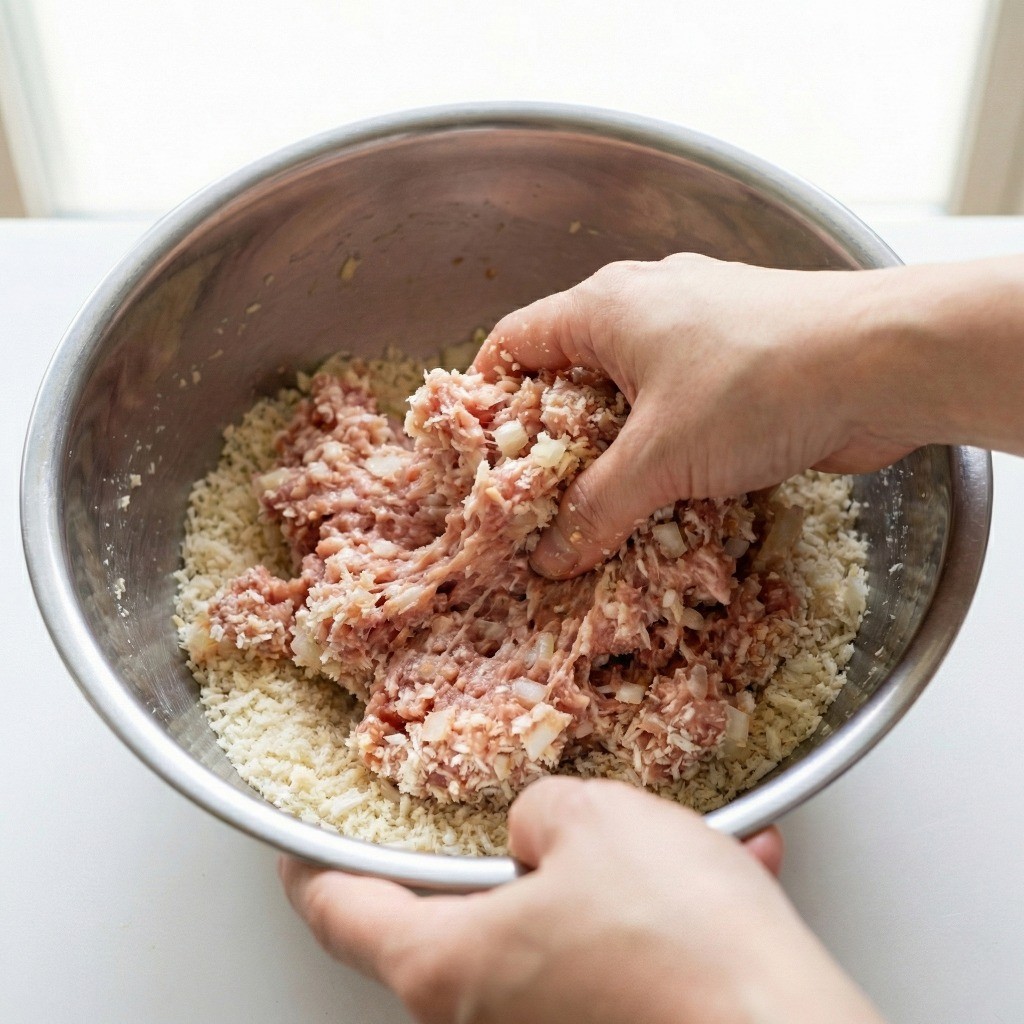 볼카츠 고기 반죽 - 다진 돼지고기와 양파 빵가루를 넣어 찰기있게 치대는 모습