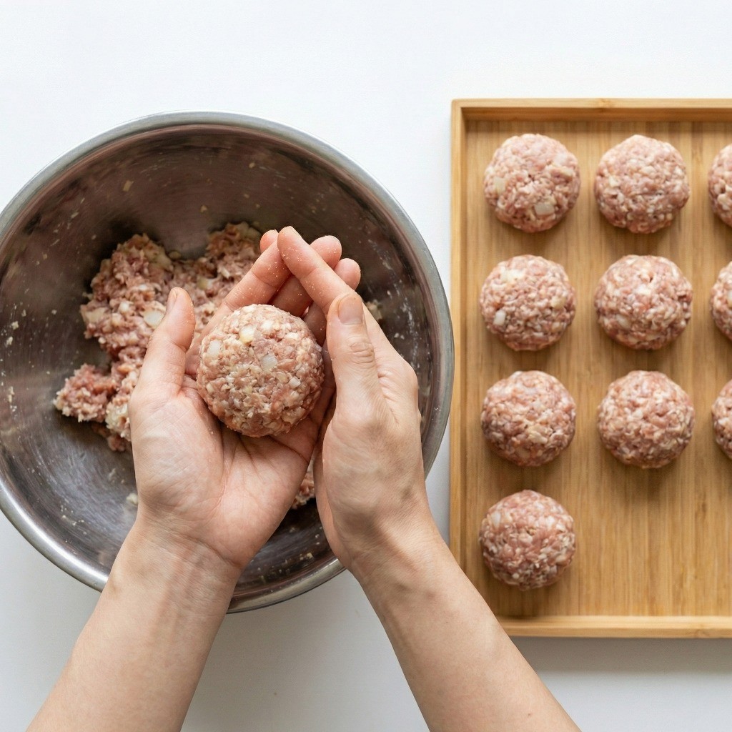 볼카츠 모양 빚기 - 동글납작한 탁구공 크기로 성형한 고기 반죽