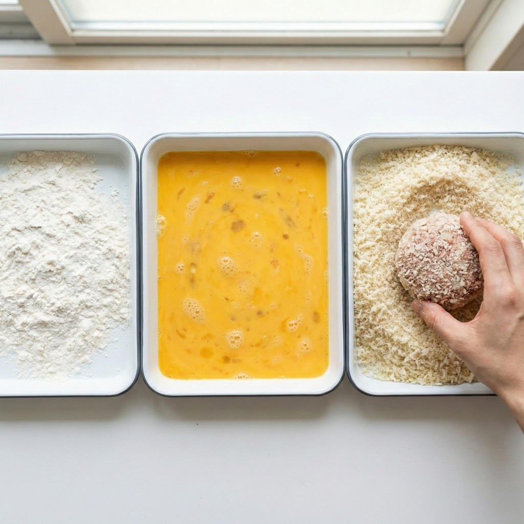 볼카츠 튀김옷 입히기 - 밀가루 달걀물 습식 빵가루 순서로 입히는 과정