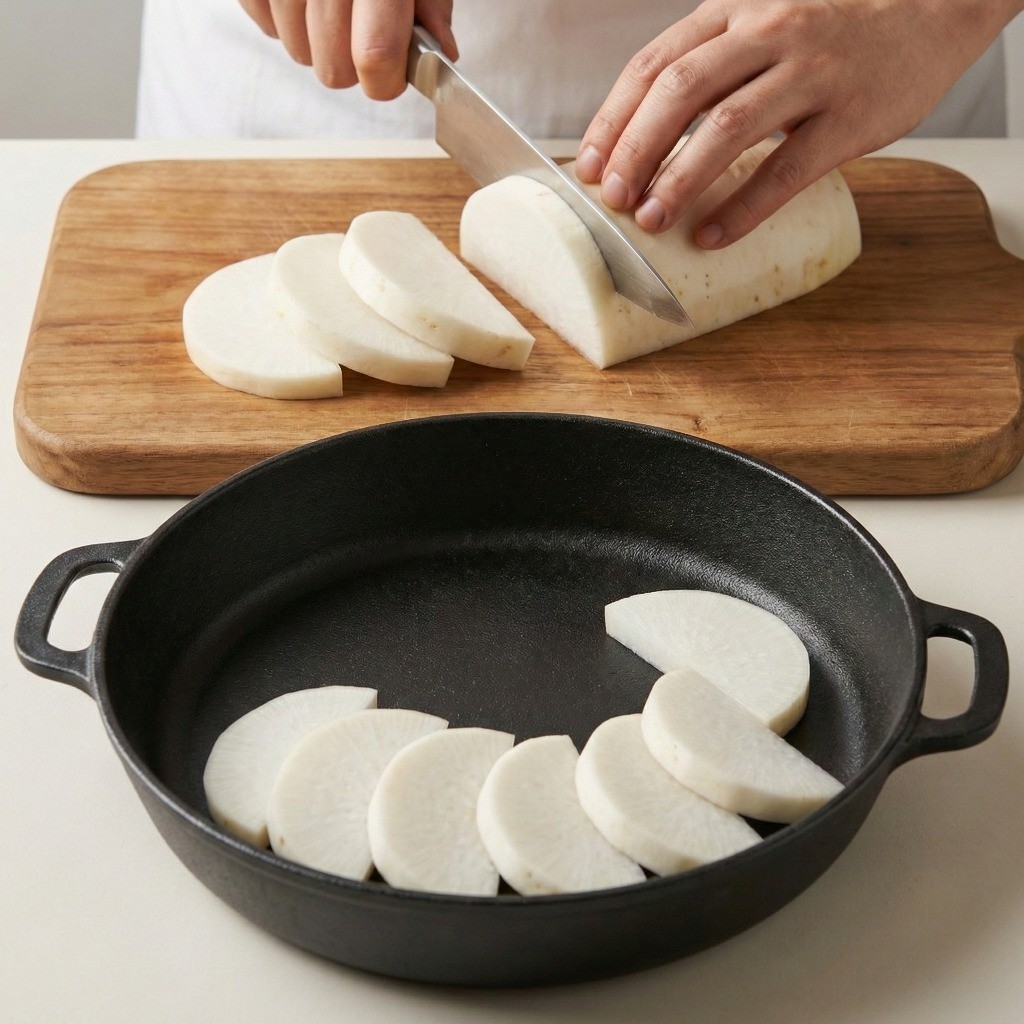 갈치조림 냄비 바닥에 두툼하게 썰어둔 무를 까는 생선조림 기초 준비 단계