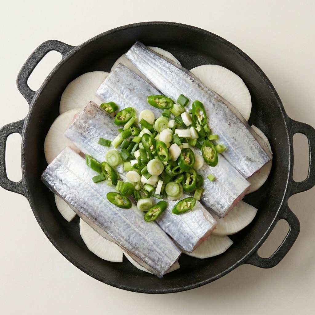 무 위에 손질된 은갈치와 송송 썬 파, 청양고추를 얹은 백종원 갈치조림 조리 과정