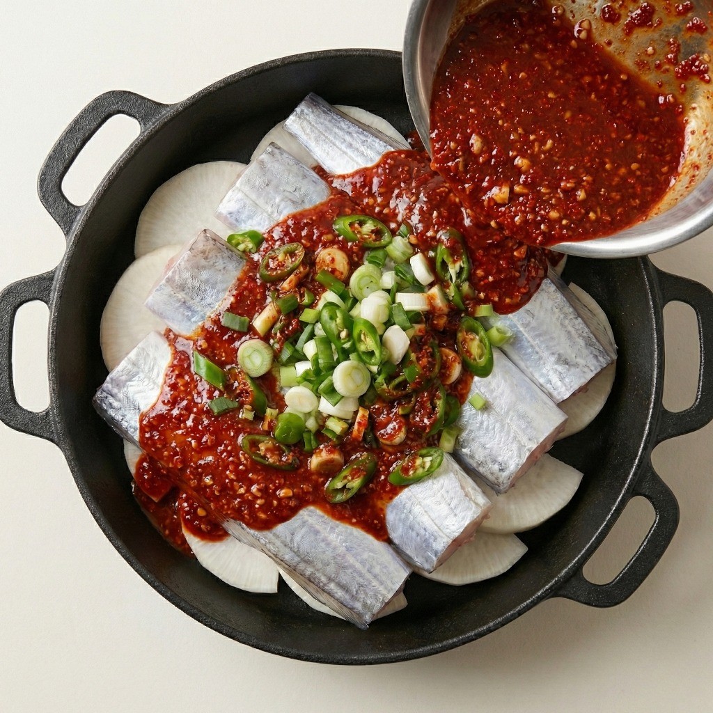 갈치 위에 고춧가루, 간장, 다진마늘 등으로 만든 매콤한 생선조림 양념장을 올리는 모습