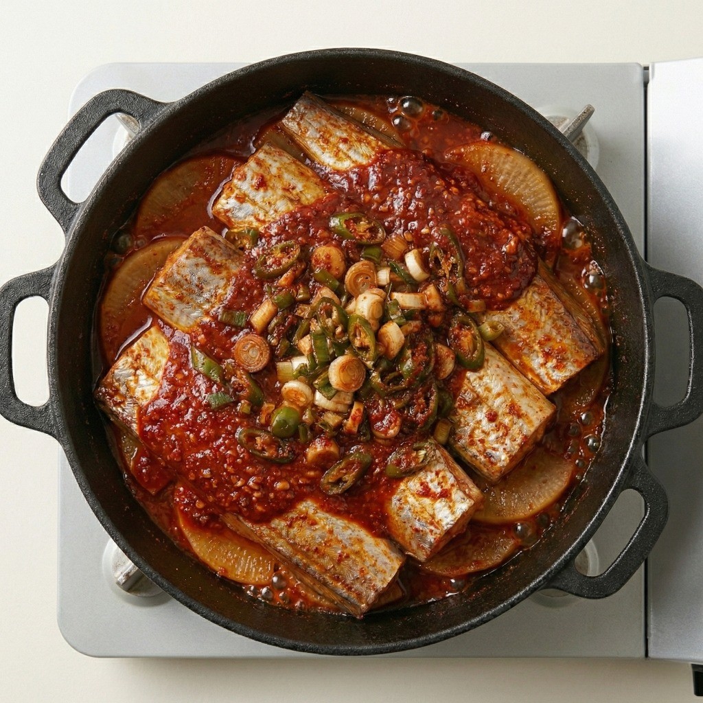 센 불에 국물이 자박하게 졸여진 먹음직스러운 완성된 백종원 무 갈치조림