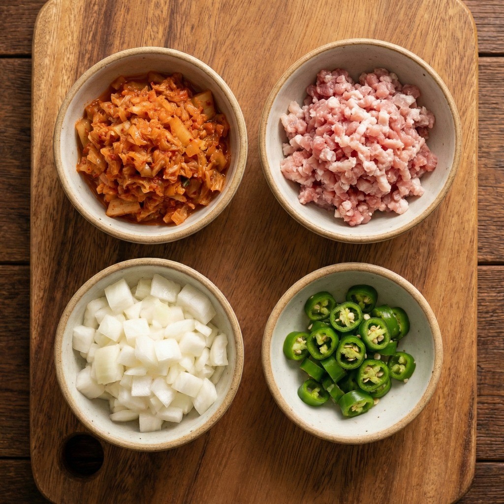 백종원 콩비지찌개 재료 준비 - 신김치, 양파, 대파, 청양고추를 잘게 다지는 모습