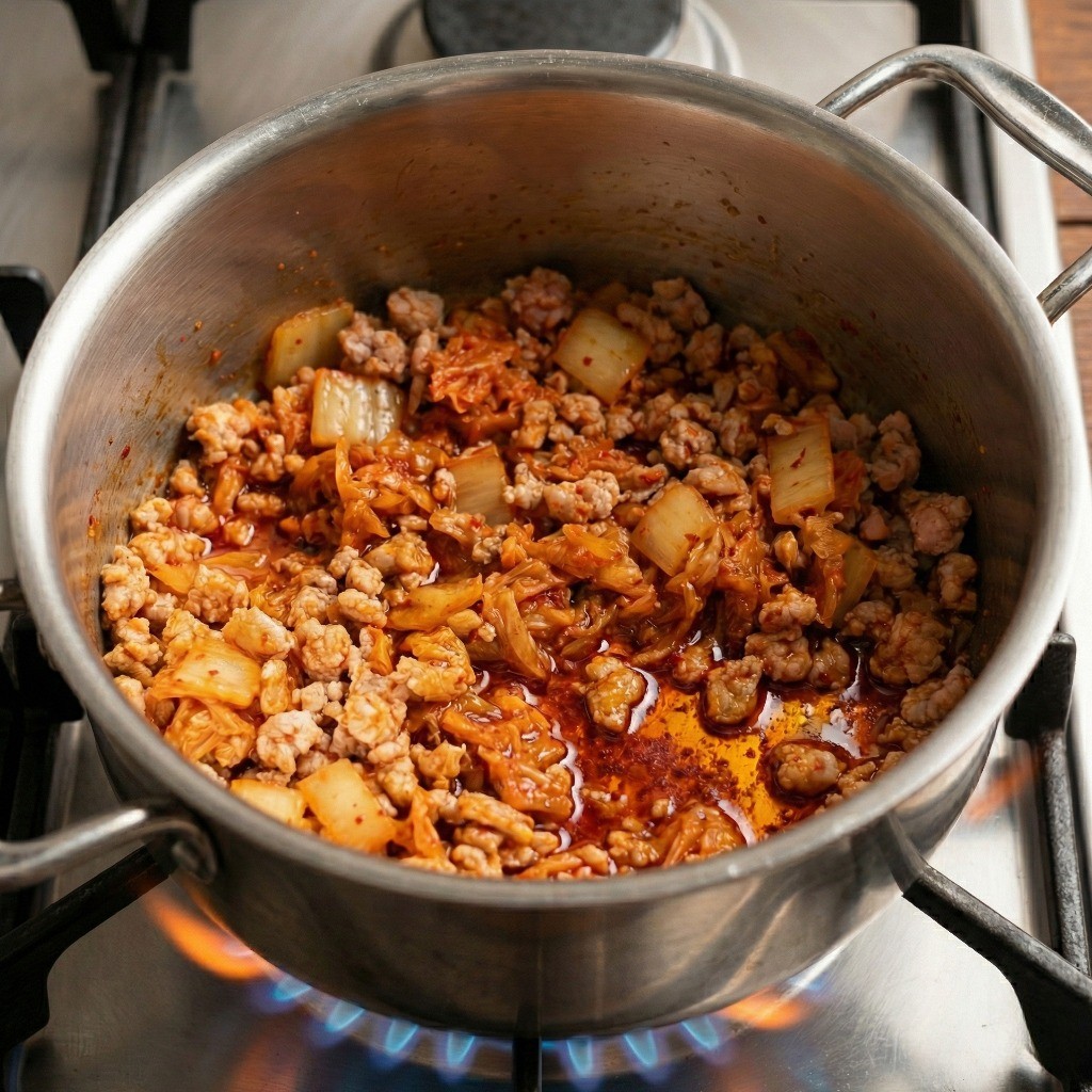 돼지고기 다짐육과 신김치를 달달 볶아 빨갛고 먹음직스러운 고추기름을 내는 비지찌개 조리 과정