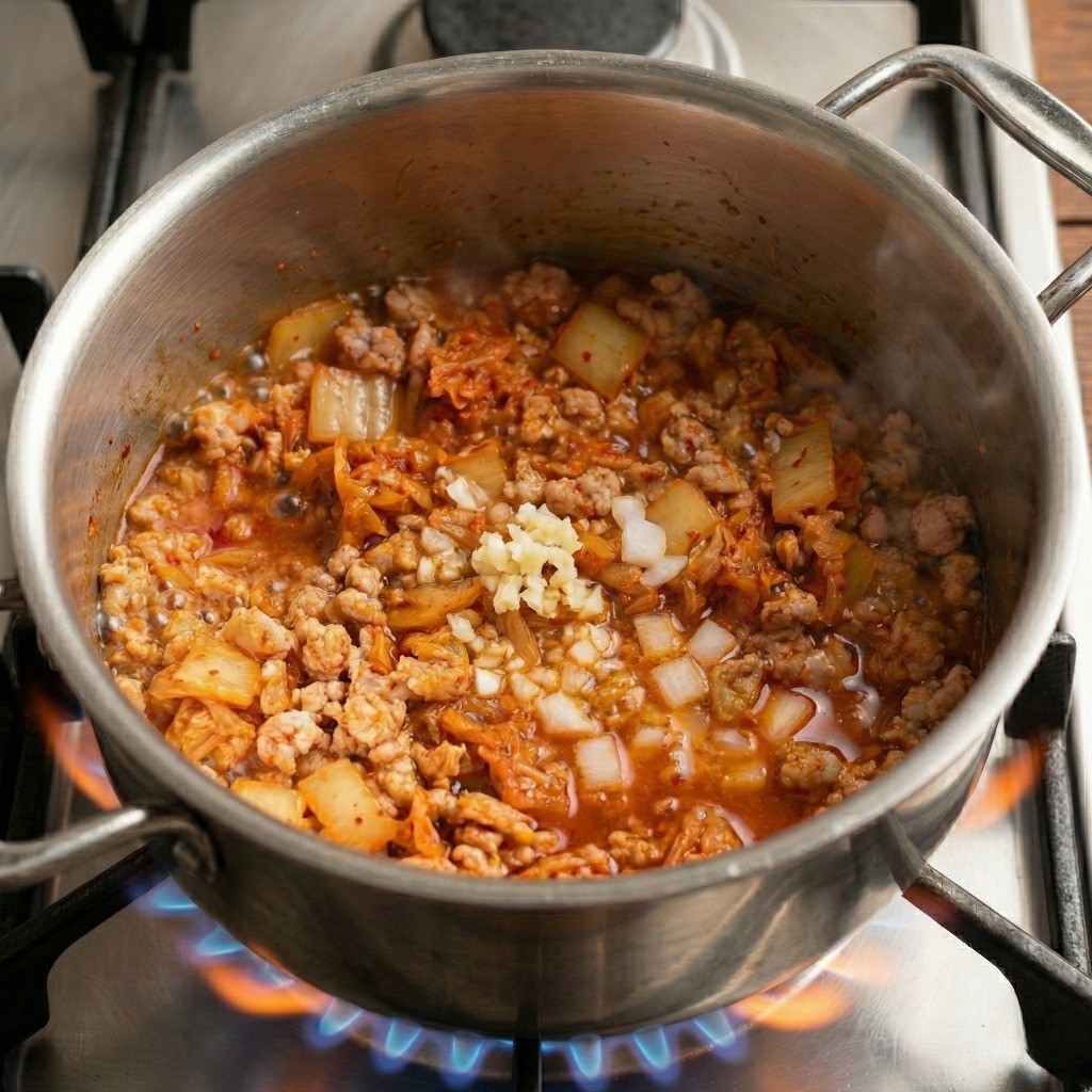볶은 김치와 고기에 물을 자작하게 붓고 다진 마늘과 양파를 넣어 진한 김치찌개 베이스를 끓이는 모습