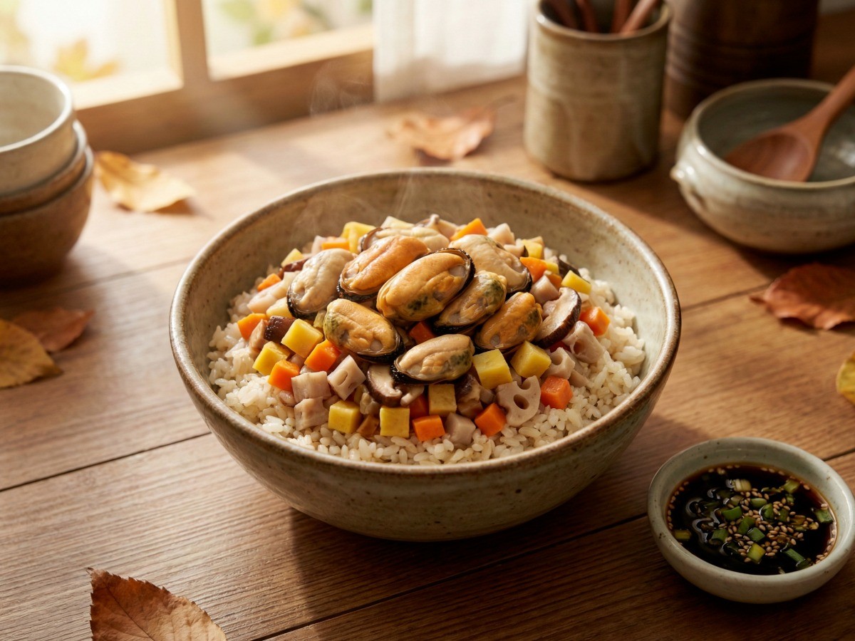 백종원 전기밥솥 홍합밥과 마약 양념장 완성 세팅 모습