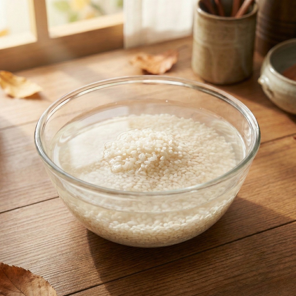 전기밥솥 홍합밥을 만들기 위해 투명한 볼에 담아 30분간 불려둔 쌀의 모습