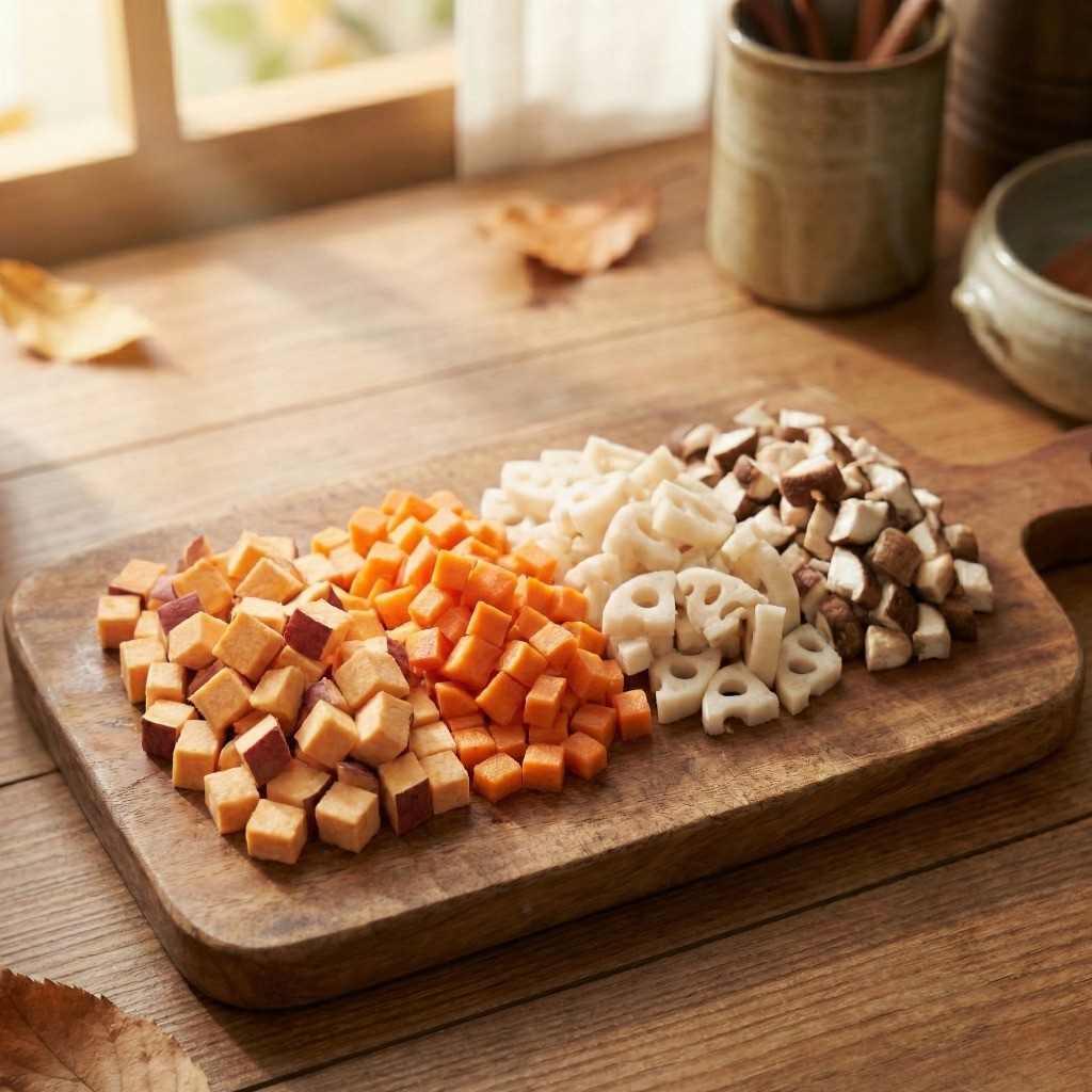 홍합밥 부재료로 사용하기 위해 도마 위에 잘게 깍둑썰기한 고구마, 당근, 연근, 표고버섯