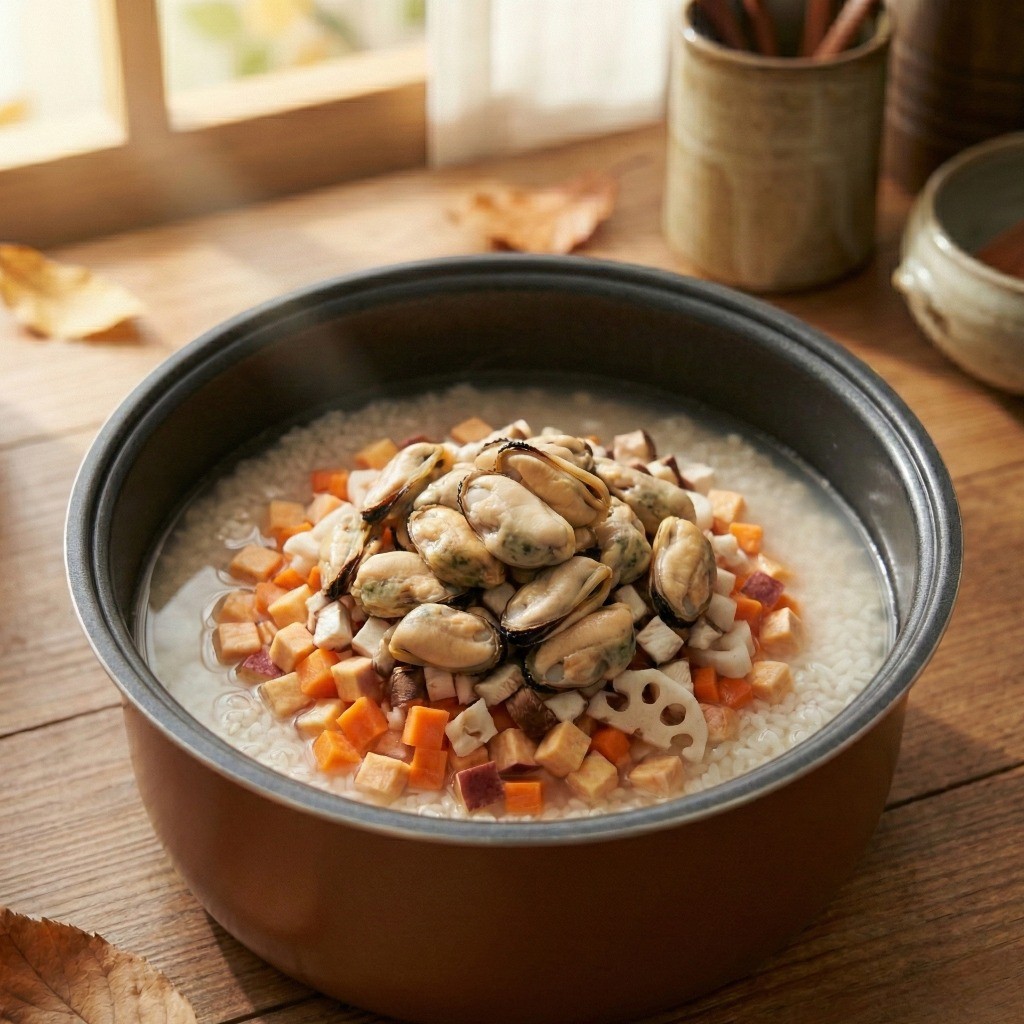 전기밥솥 내솥에 불린 쌀, 깍둑썰기한 채소, 신선한 깐홍합을 층층이 안친 모습