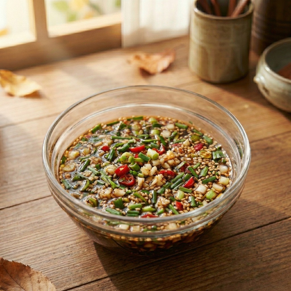 홍합밥에 곁들여 먹는 진간장, 다진 대파, 부추, 청양고추가 들어간 백종원 만능 마약 양념장