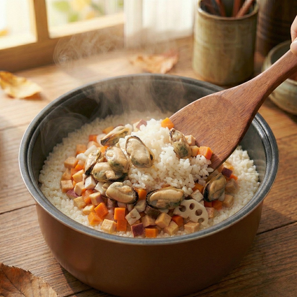 취사가 완료되어 김이 모락모락 나는 완성된 백종원 전기밥솥 홍합밥을 주걱으로 맛있게 섞어주는 모습