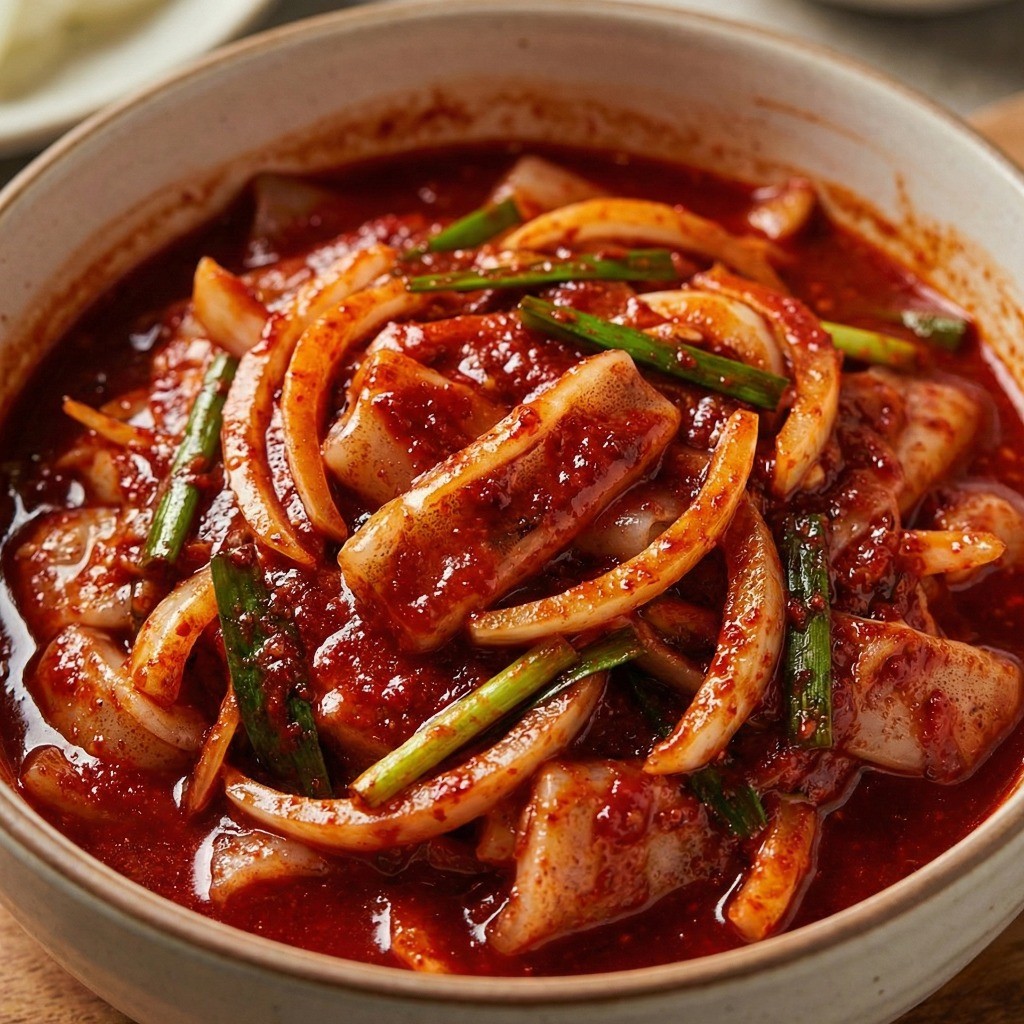 손질된 오징어에 고춧가루, 간장 등 갖은 양념과 채소를 넣고 무치는 모습