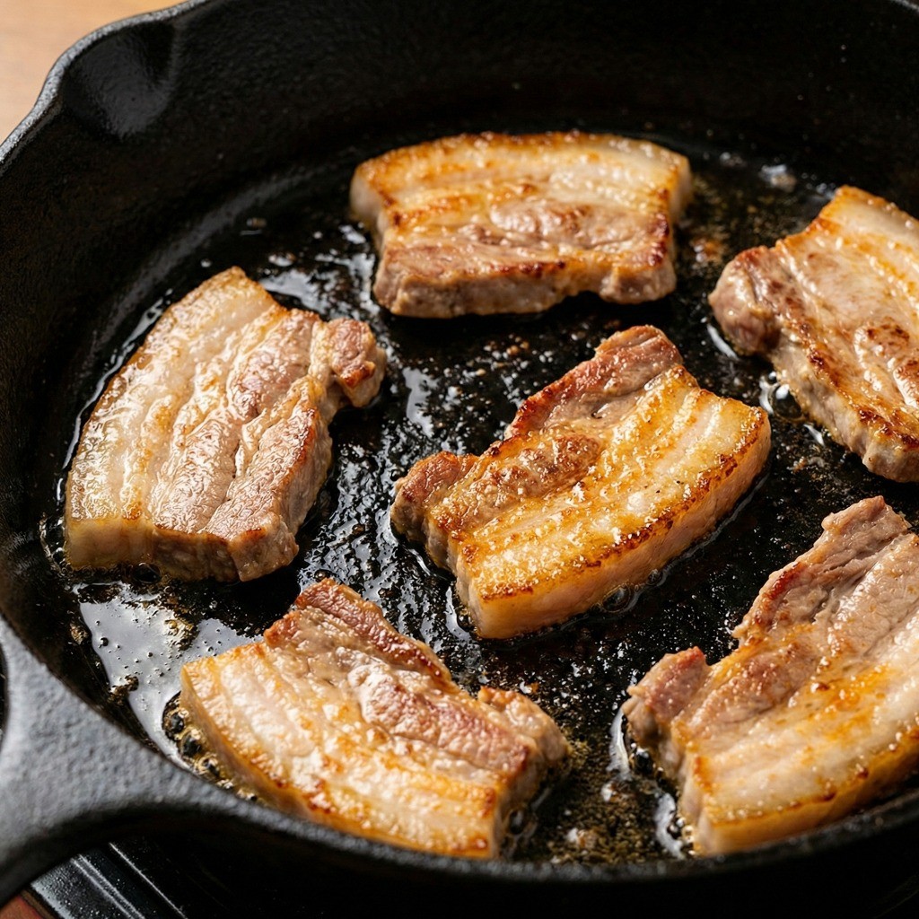 오삼불고기 맛의 핵심: 프라이팬에 삼겹살을 먼저 구워 고소한 돼지기름을 내는 과정