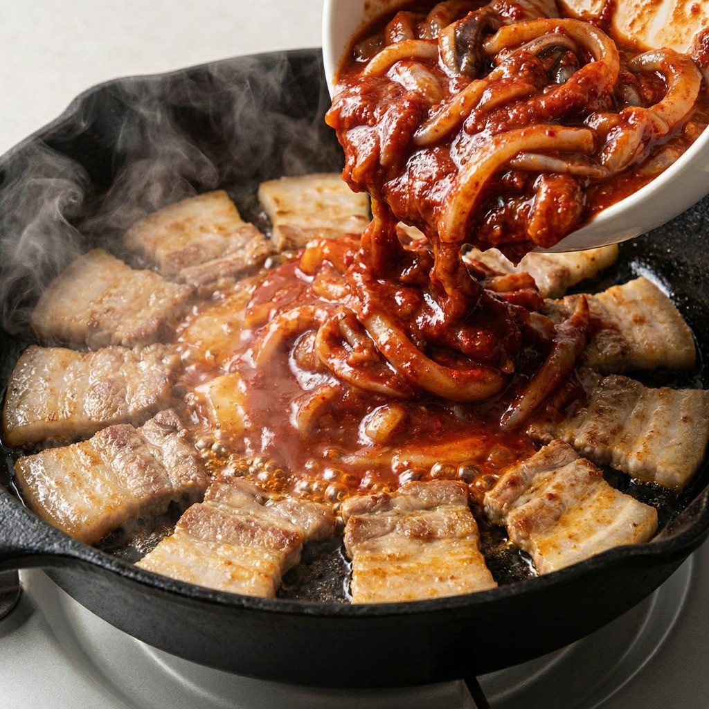 구워진 삼겹살에서 나온 돼지기름에 양념된 오징어를 넣고 볶아 완성하는 오삼불고기 조리 단계