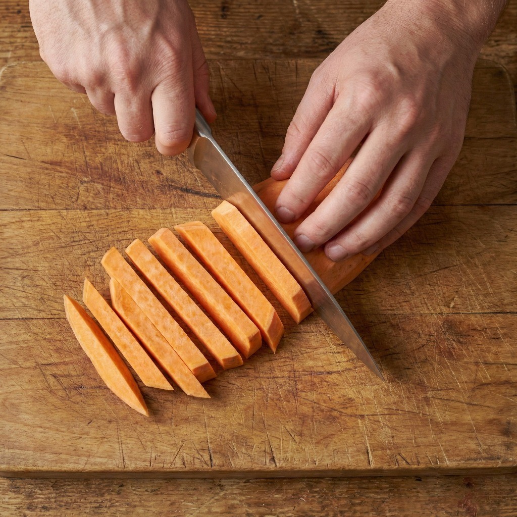 주방 칼을 이용해 생고구마를 길쭉한 스틱 모양으로 도톰하게 채 써는 과정