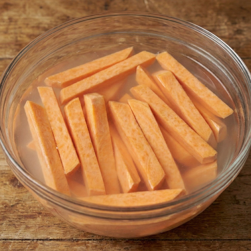 채 썬 고구마를 찬물에 15분 이상 담가 하얗게 전분을 빼는 과정