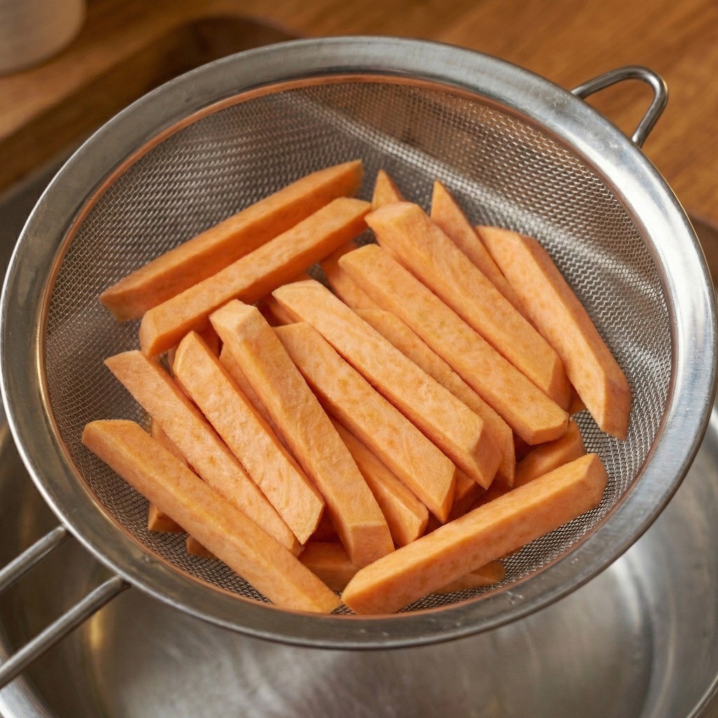 물에 헹군 고구마 스틱을 채반에 밭쳐 튀기기 전 물기를 완벽하게 제거하는 모습