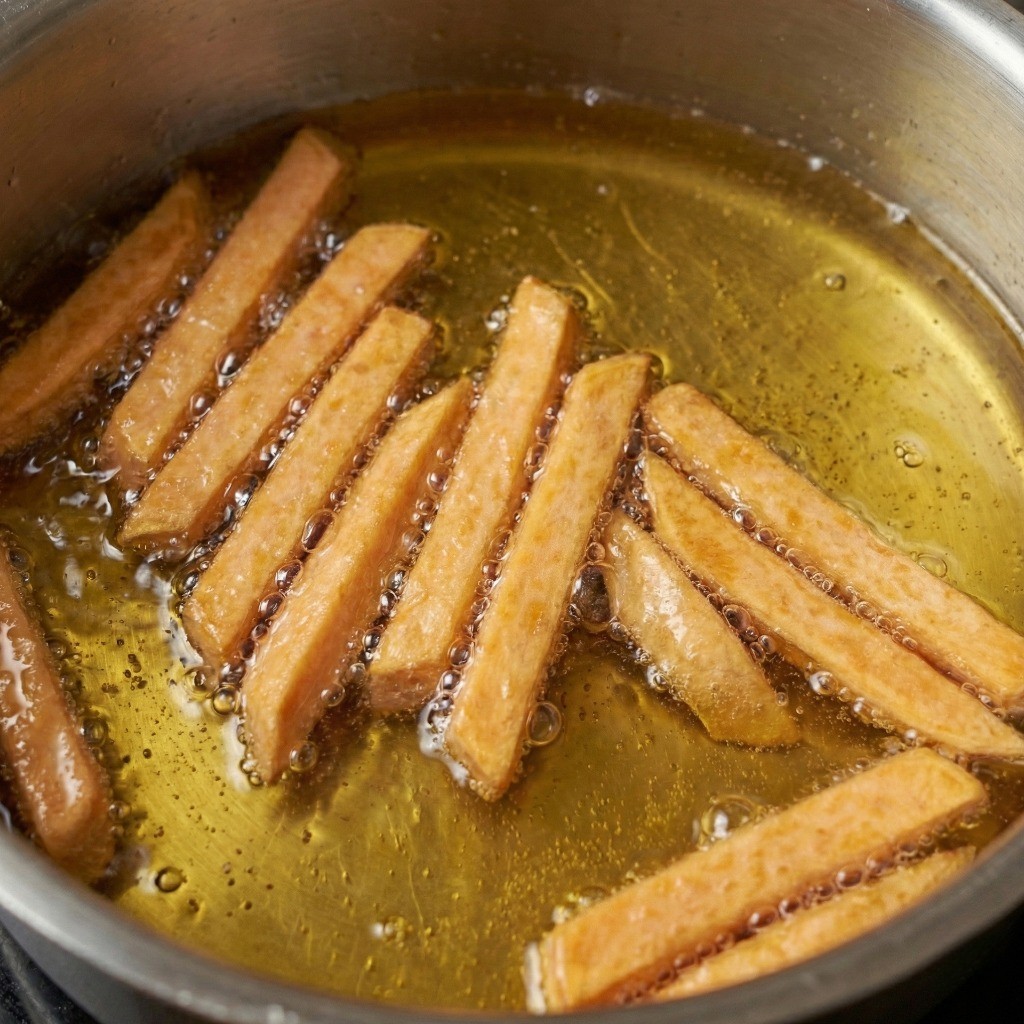 160~170도로 예열된 기름 냄비에서 고구마 스틱을 노릇하게 튀겨내는 모습