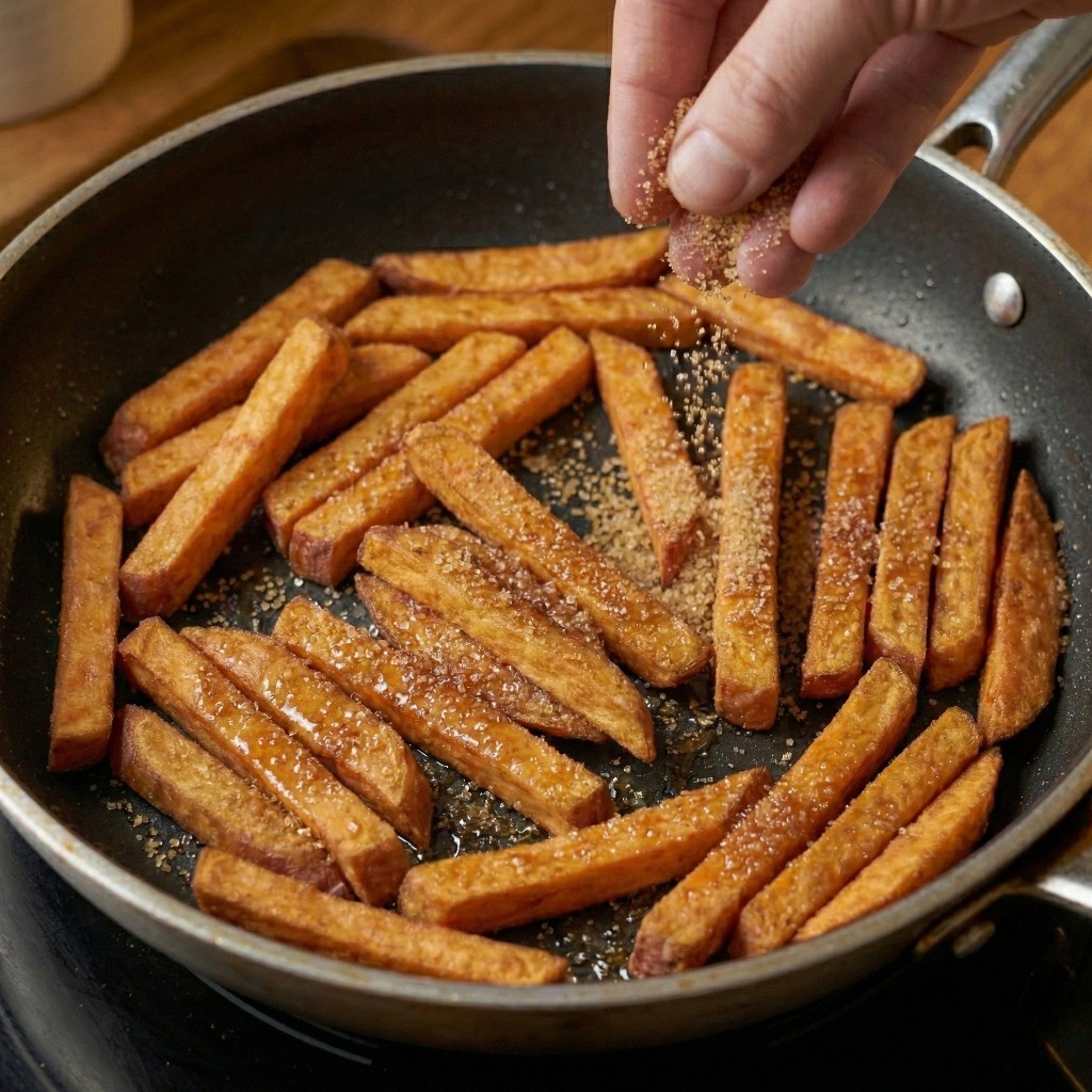 바삭하게 튀겨진 고구마 스틱에 설탕을 뿌려 달콤하게 코팅하는 과정