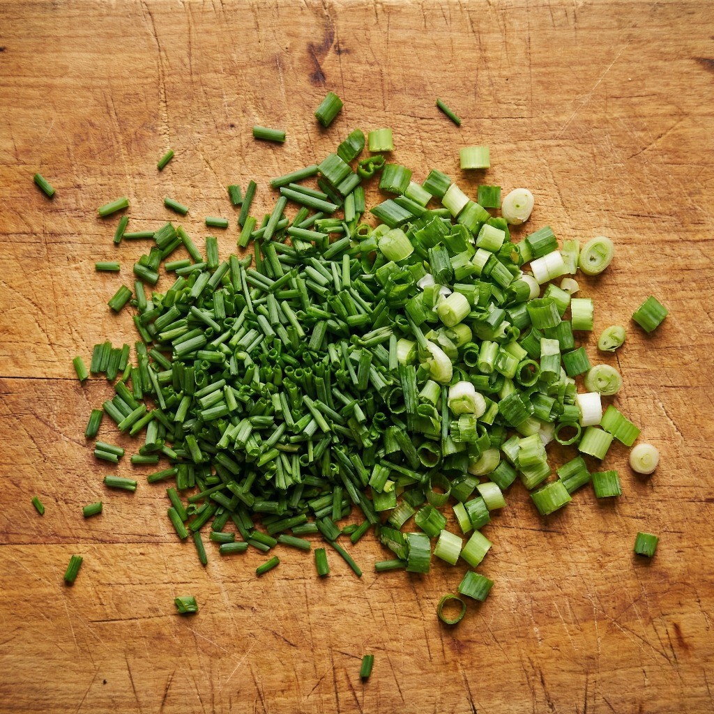 돼지고기 부추전 레시피 첫 단계: 신선한 부추와 대파를 아주 잘게 송송 써는 준비 과정