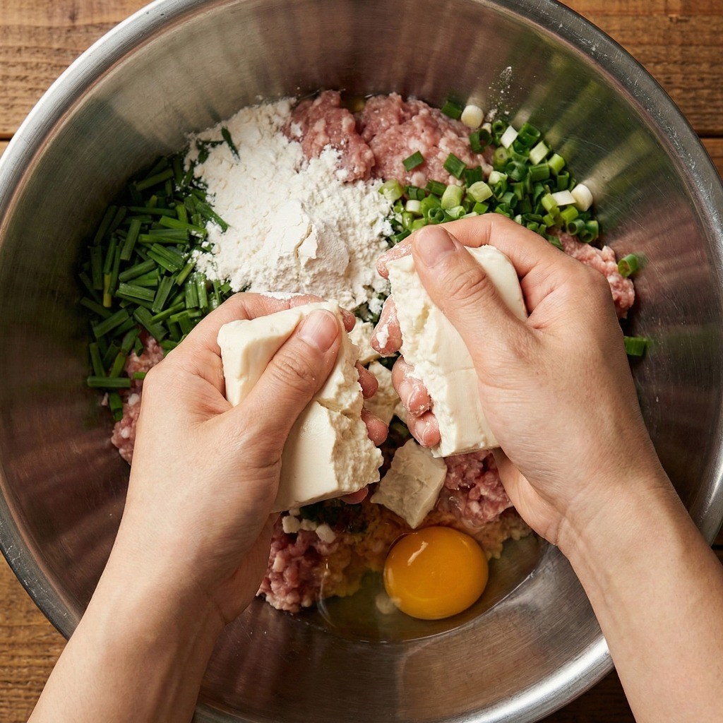 백종원 완자전 핵심 비법: 물기를 짜지 않은 촉촉한 두부를 으깨고 부침가루와 함께 반죽에 섞는 과정