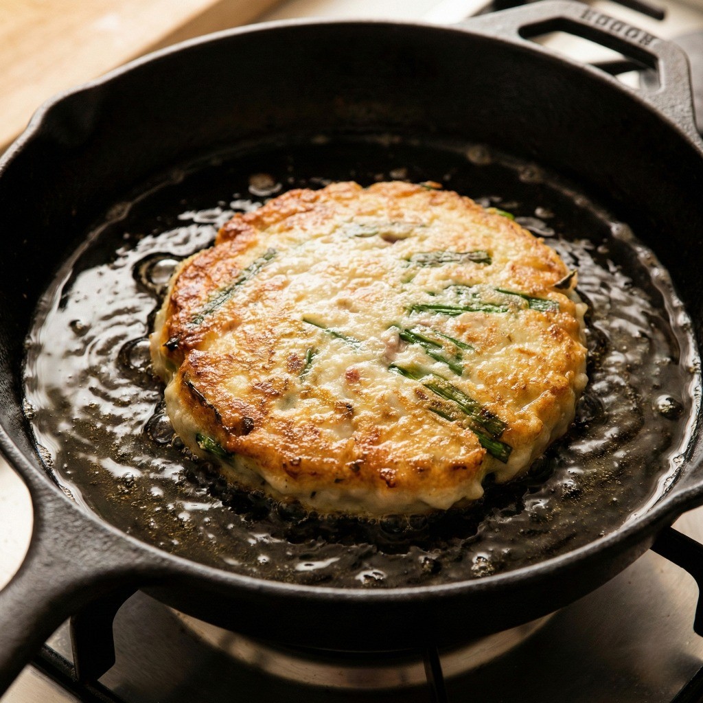 전을 안 타게 굽는 꿀팁: 팬에 기름을 넉넉히 두르고 약불에서 두툼한 부추전을 튀기듯 천천히 부치는 모습