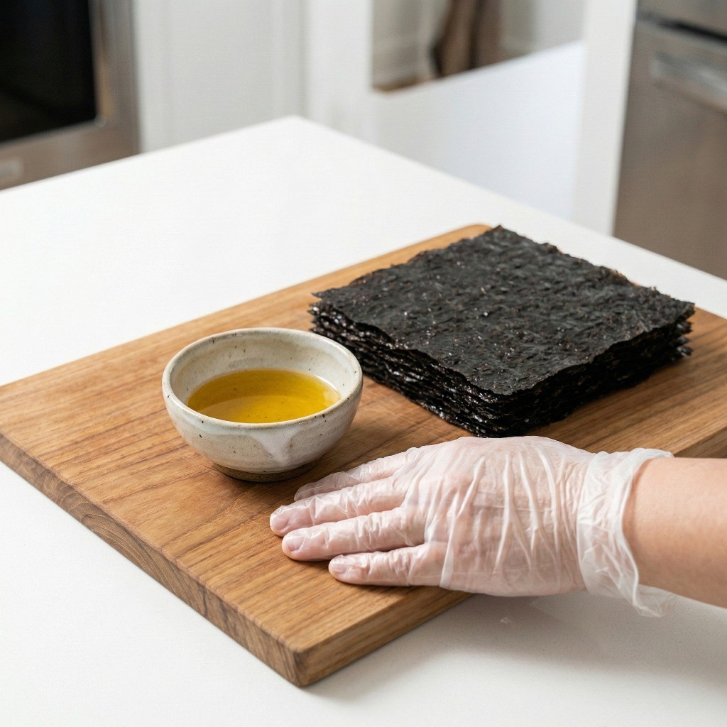 백종원 조미김 만들기 1단계: 비닐장갑을 끼고 종지에 고소한 들기름 준비하기