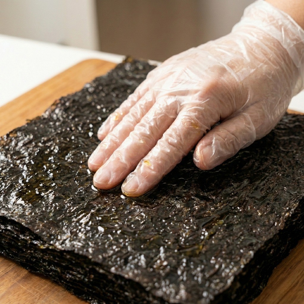 백종원 조미김 만들기 2단계: 남은 김밥용 김 위에 비닐장갑을 낀 손으로 들기름 골고루 펴 바르기