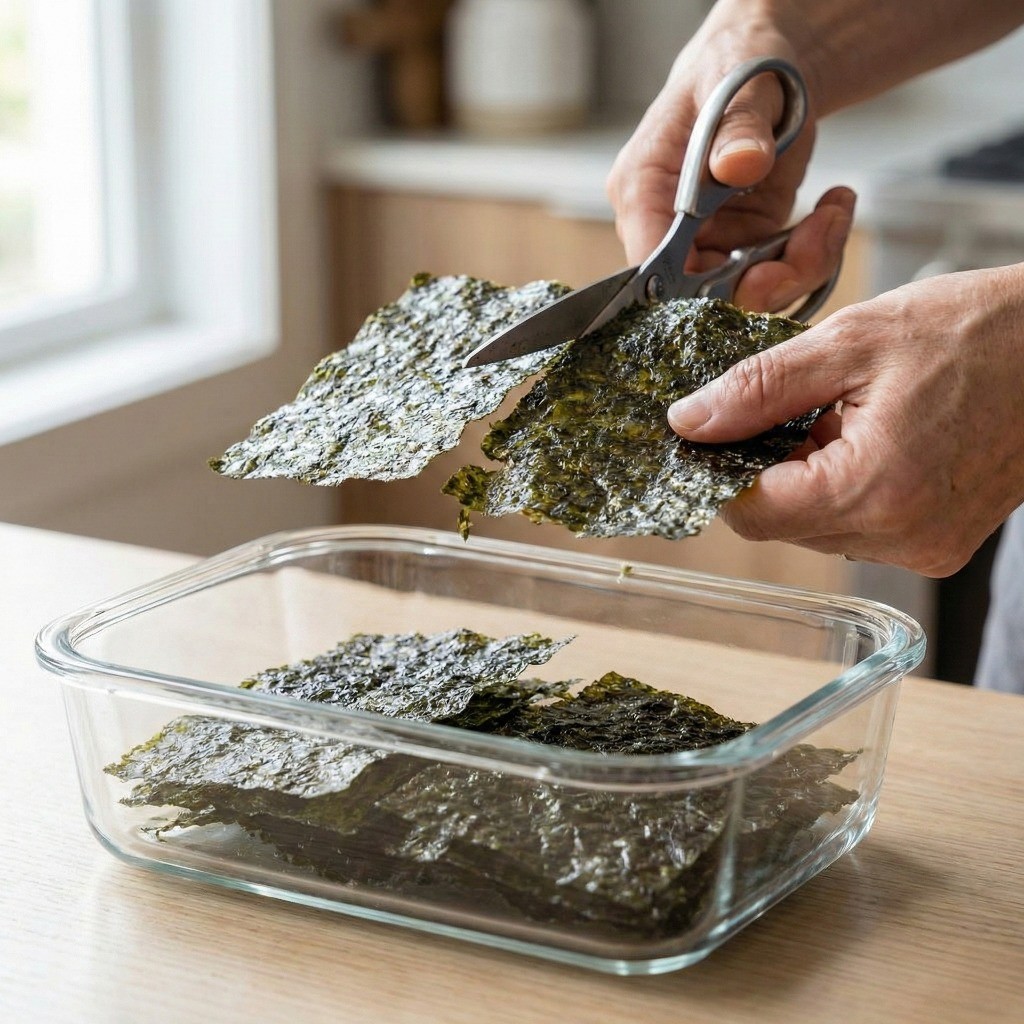 백종원 조미김 만들기 5단계: 완성된 수제 조미김을 먹기 좋은 크기로 잘라 밀폐용기에 보관하기