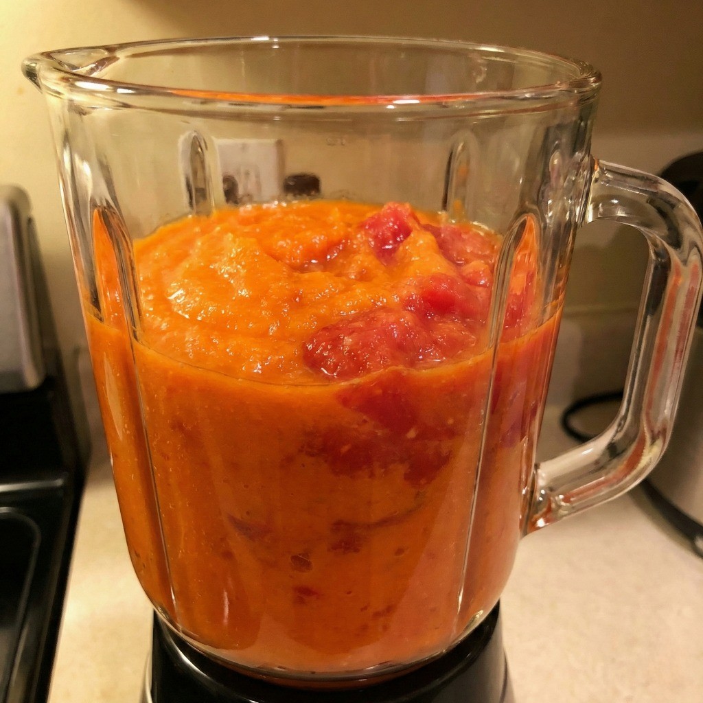 카레 국물의 비법, 당근과 토마토를 물 없이 믹서에 곱게 간 퓨레