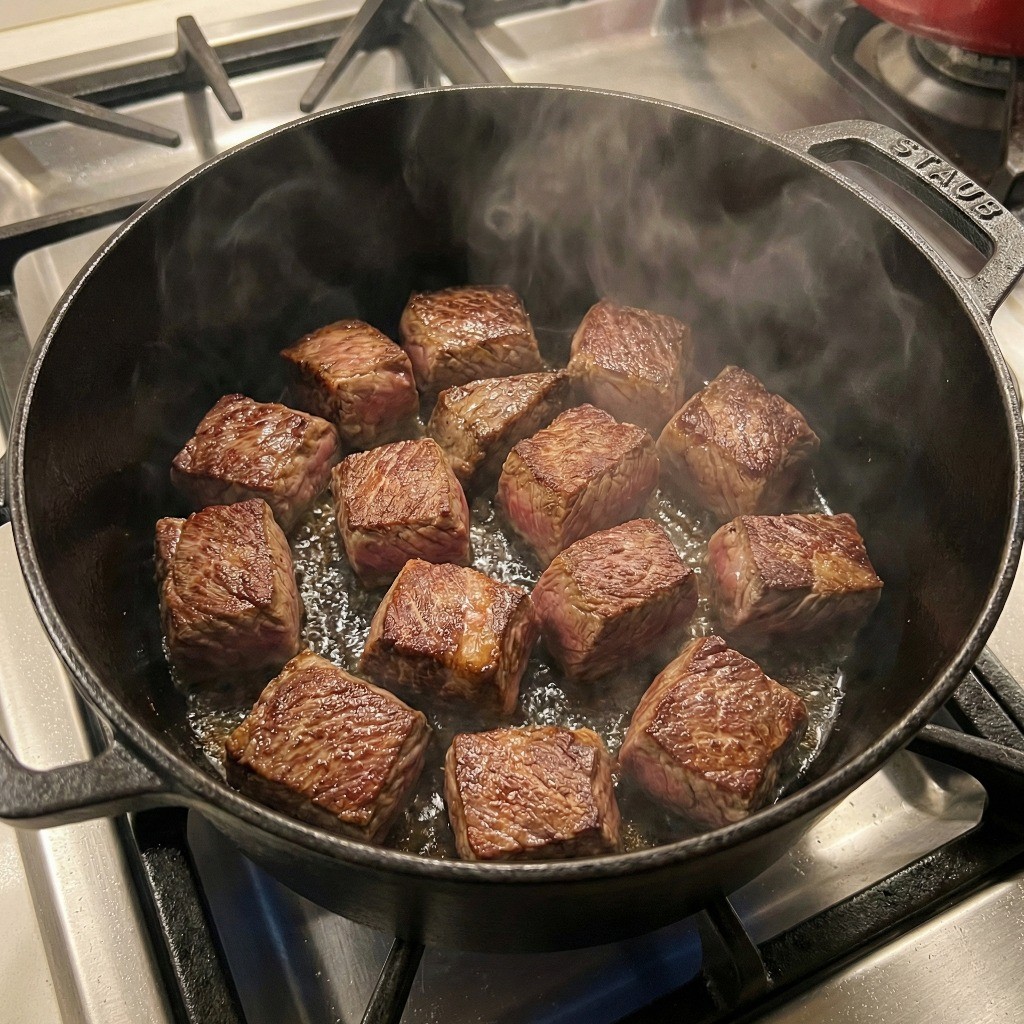 카레용 부채살 볶기, 붉은 기가 없어질 때까지 소고기를 무쇠 냄비에 볶는 과정