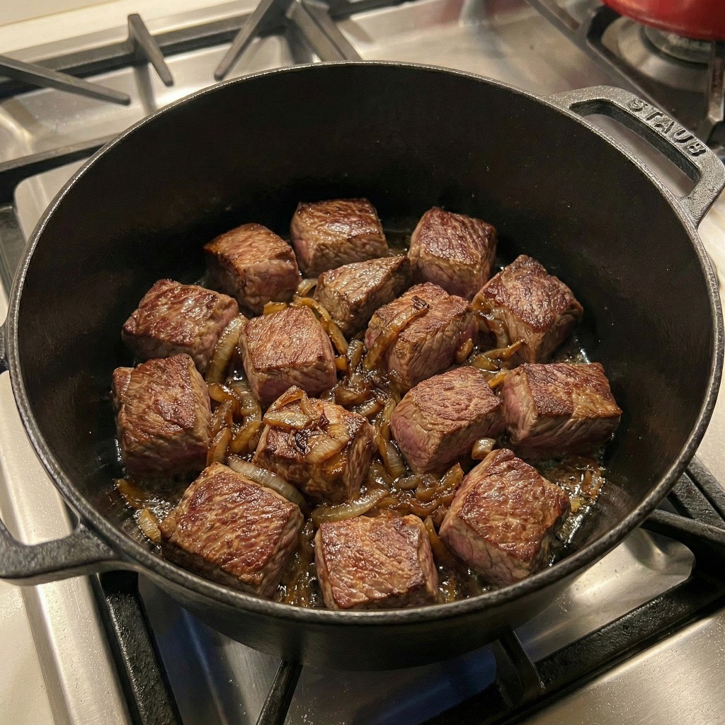 카레 풍미를 높이는 양파 볶기, 양파 수분이 날아가고 고기 기름이 나올 때까지 볶는 모습