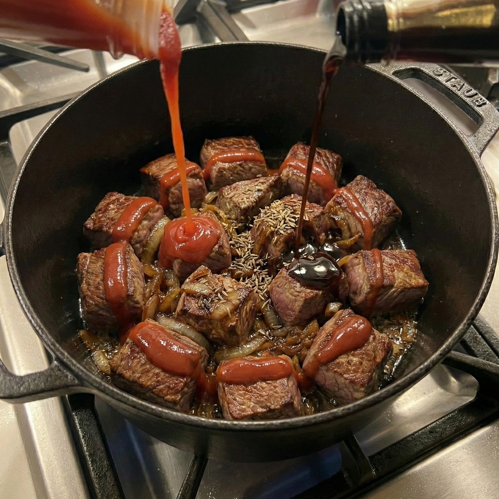 큐민, 케첩, 우스터소스를 넣고 이국적인 카레 향을 내며 볶는 과정