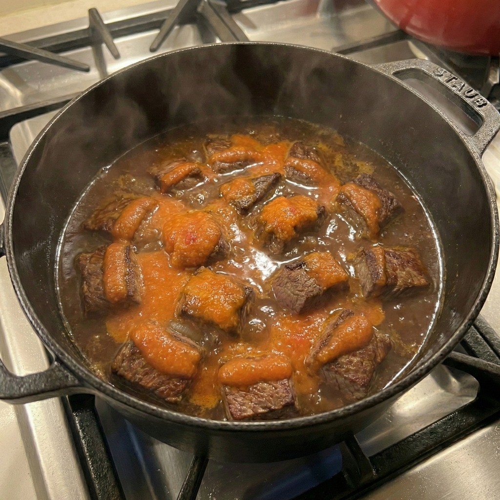 간 채소와 물, 치킨스톡을 넣고 소고기가 연해지도록 카레를 푹 끓이는 모습