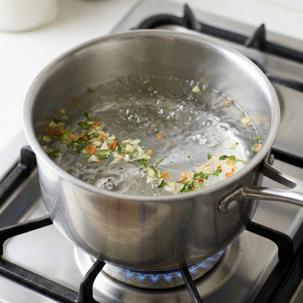 냄비에 물 550ml와 라면 건더기 스프를 넣고 끓이기