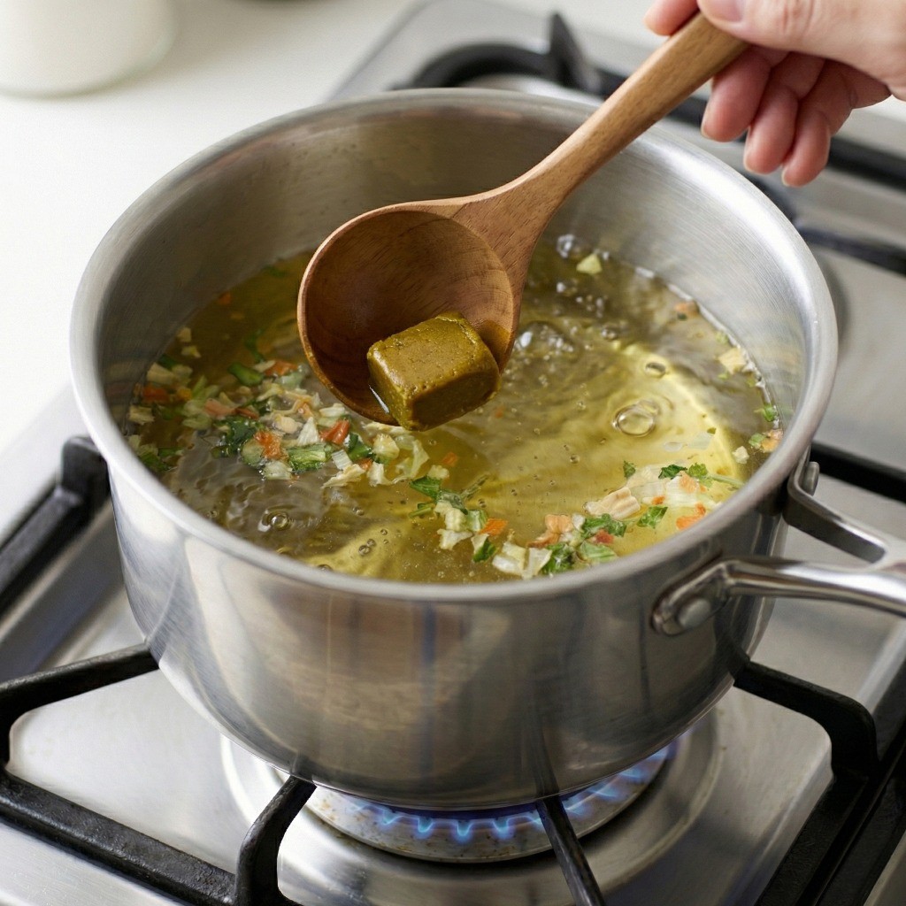 끓는 물에 고형 카레 1조각을 넣고 국자로 저어 풀어주기