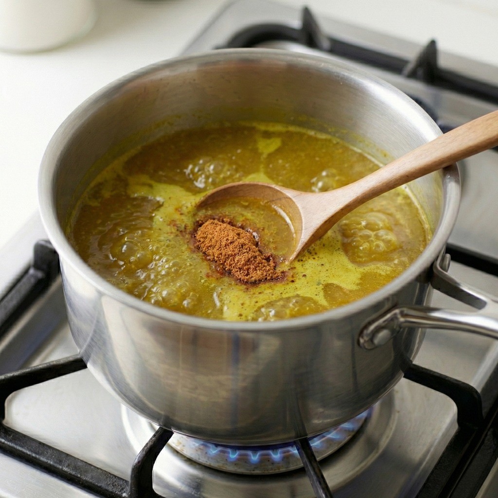 순한맛 라면 분말 스프를 반 봉지만 넣어 카레 국물 간 맞추기