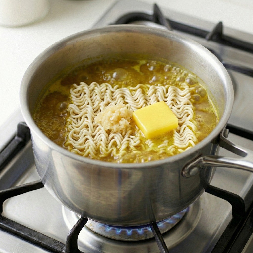 카레 국물에 라면 사리와 다진 마늘, 버터 1조각을 넣고 끓이는 과정