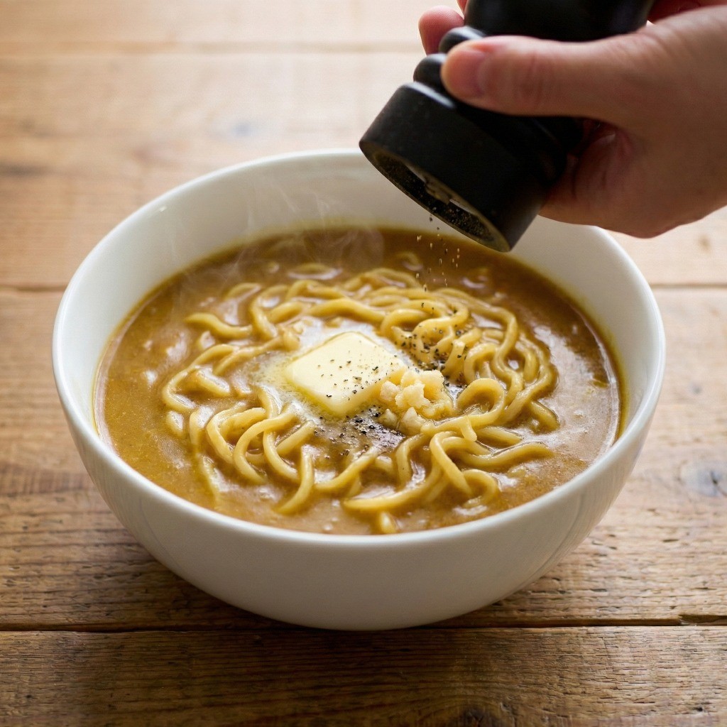 완성된 백종원 카레라면에 후춧가루를 뿌려 마무리