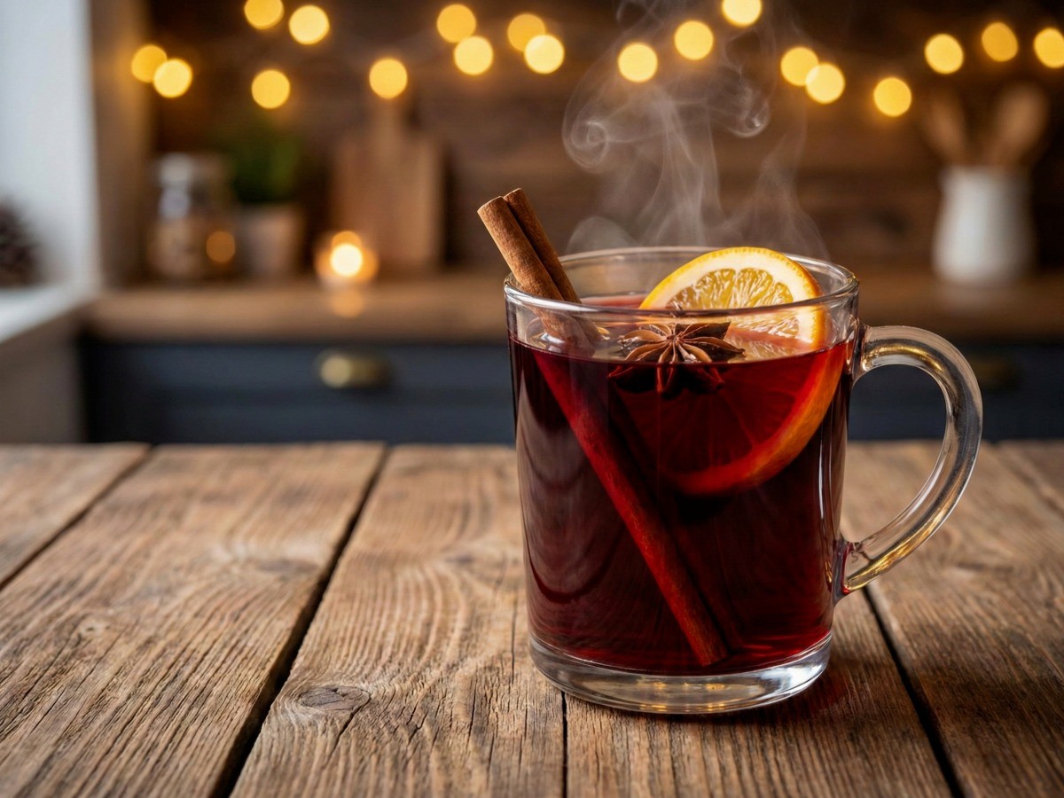 겨울철 감기 예방에 좋은 백종원 뱅쇼(따뜻한 와인) 완성된 모습, 시나몬 스틱과 과일 장식