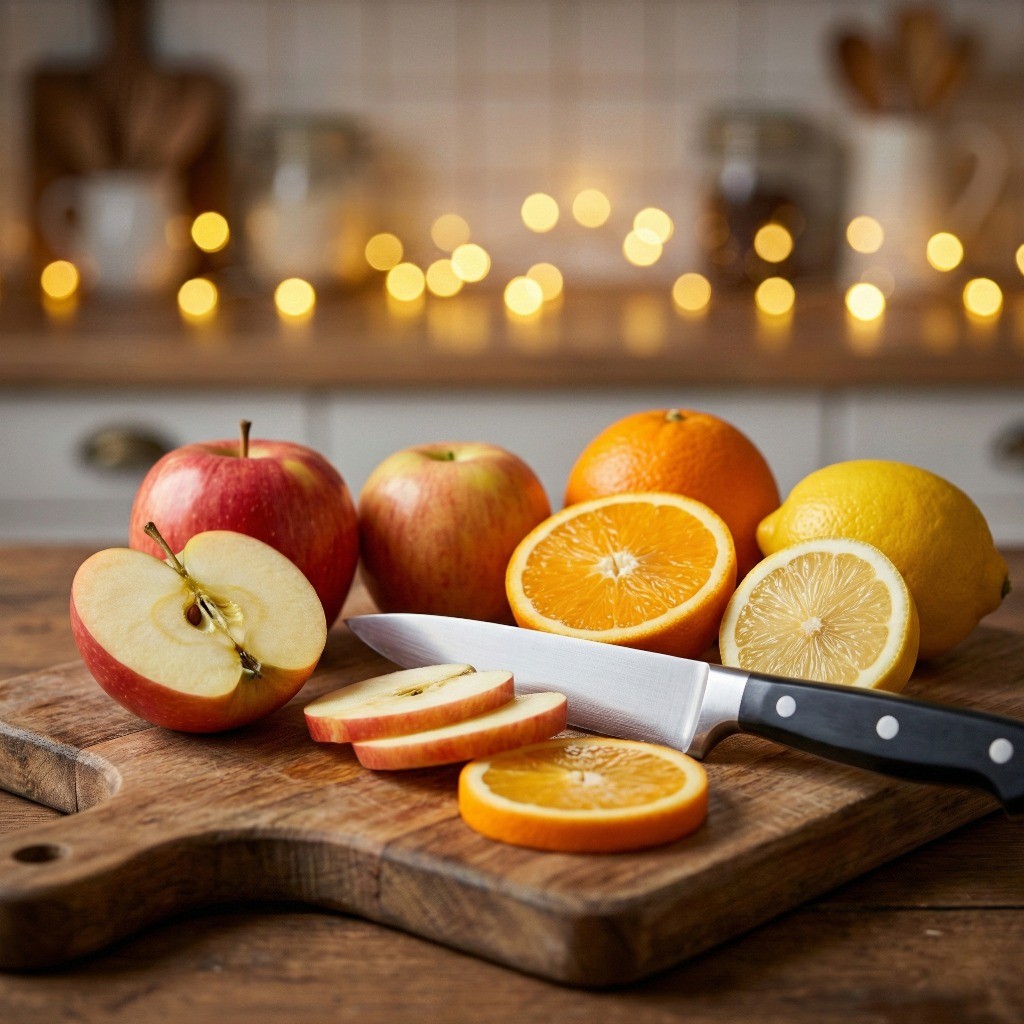 뱅쇼 만들기 재료 손질: 껍질째 끓이기 위해 세척한 사과, 오렌지, 레몬 슬라이스 하기