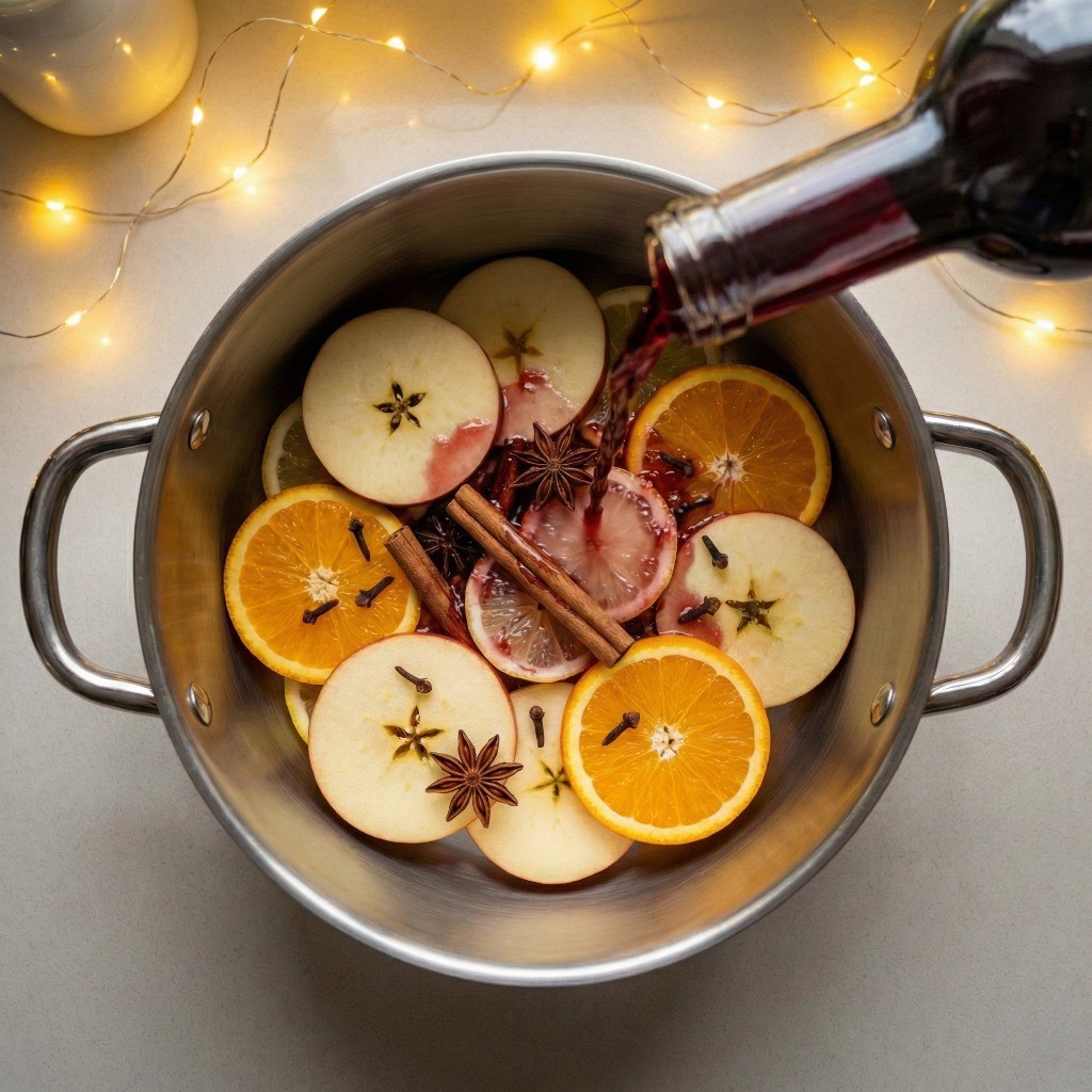 가성비 저렴한 레드 와인을 과일과 향신료가 담긴 냄비에 붓는 조리 과정