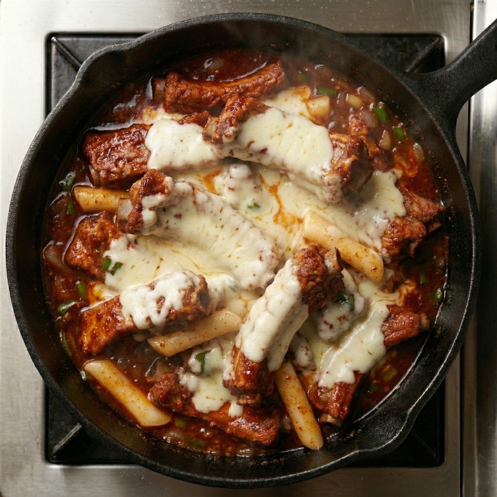 떡을 추가하고 모짜렐라 치즈를 듬뿍 올려 완성한 홈파티용 치즈등갈비