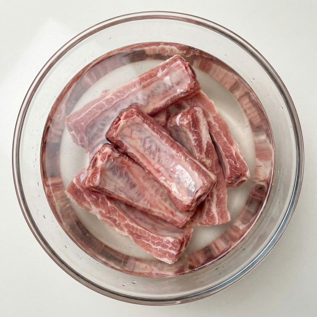 돼지 등갈비 잡내 제거를 위해 찬물에 30분간 담가 핏물을 빼는 과정