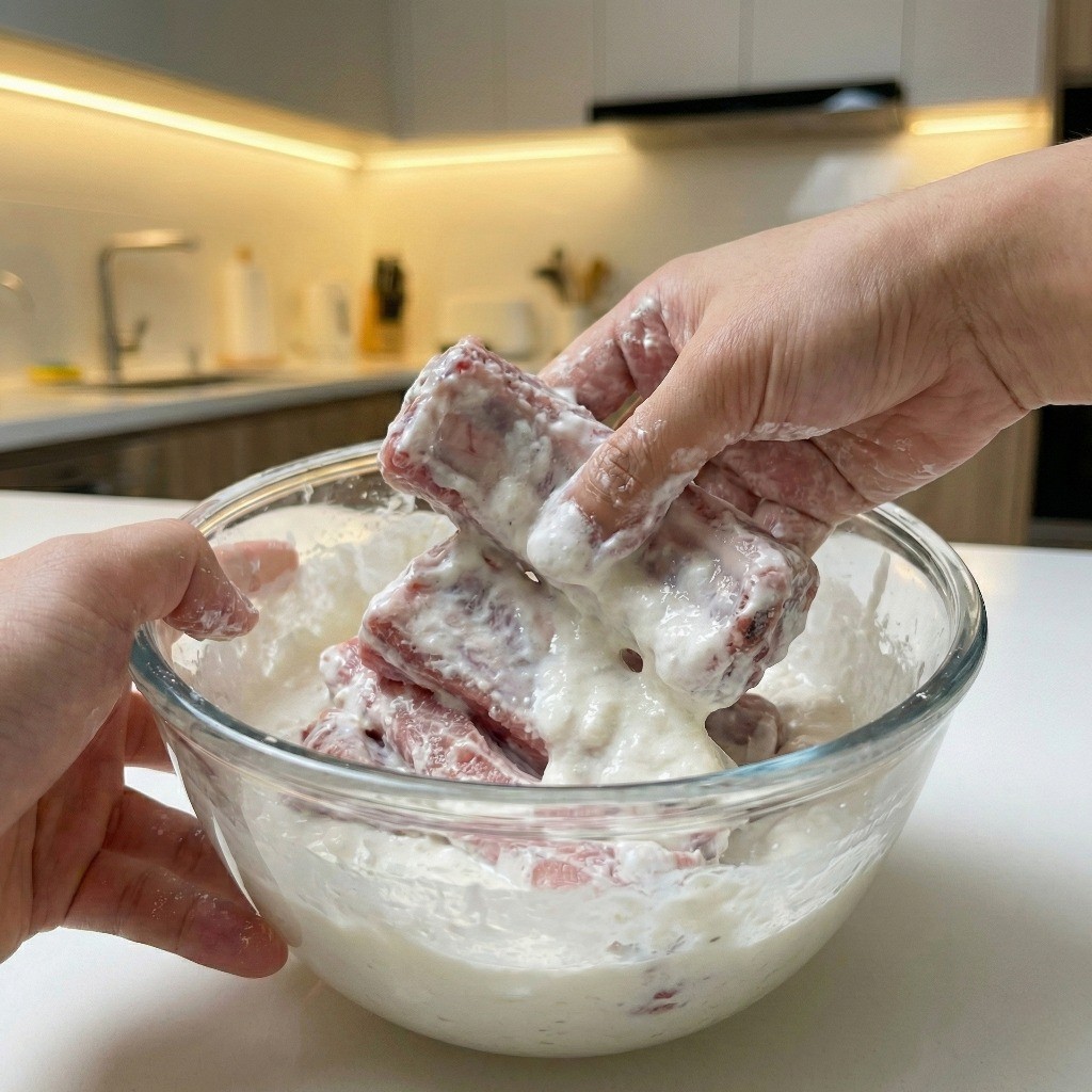 밑간한 돼지 등갈비에 감자전분 앙금을 주물러 뽀얀 튀김옷을 입히는 조리 과정