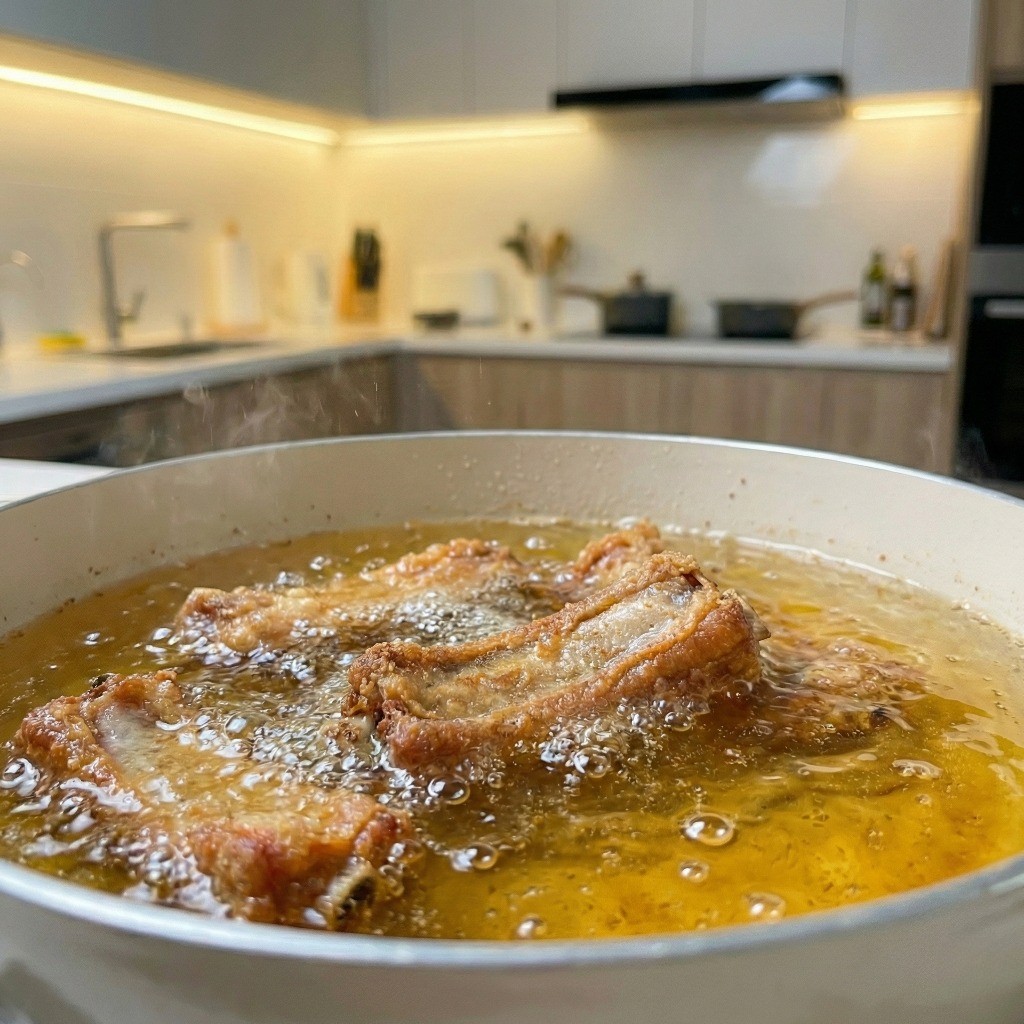 160도 식용유에서 겉바속촉으로 노릇하게 튀겨지고 있는 백종원 돼지 등갈비 튀김