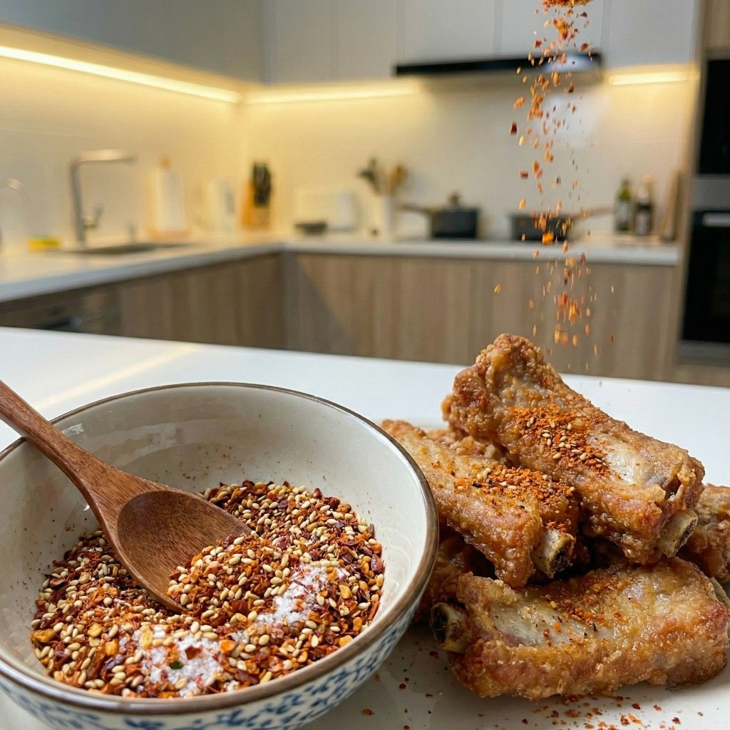 완성된 바삭한 등갈비 튀김 위에 쯔란, 고춧가루 등으로 만든 양꼬치 맛 마법 가루 시즈닝이 뿌려진 모습